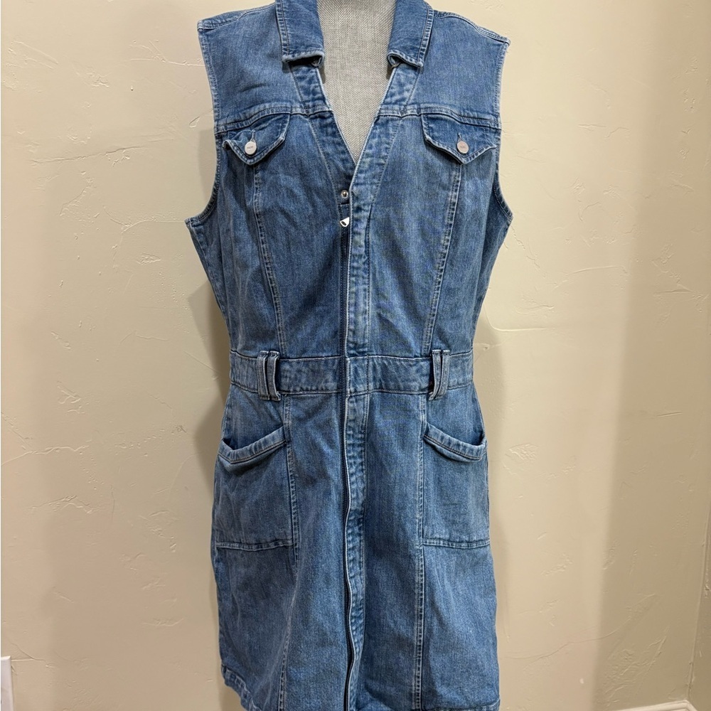 PAIGE Blue Denim Kelsee Tie Belt Sleeveless Mini Shirtdress Size 14 - Picture 3 of 8